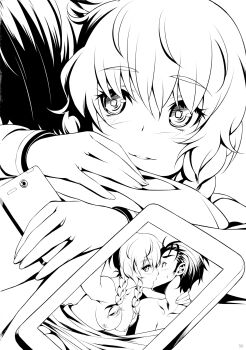 1boy 1girl absurdres aftersex amane_suzuha black_hair blush braid breasts cellphone cellphone_photo couple greyscale grin hetero highres holding holding_phone hug ikeda_yasuhiro jacket kiss long_hair long_sleeves looking_at_viewer medium_breasts monochrome nipples official_artist_extra okabe_rintarou parted_lips phone ringed_eyes science_adventure short_hair smile square_pupils steins;gate topless_female topless_male track_jacket twin_braids under_covers white_background