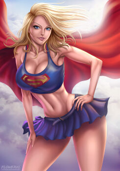 1girl absurdres artist_logo blonde_hair blue_eyes blue_skirt breasts cape cloud comic_book_character curvy dc_comics female_focus flowerxl hair_in_wind highres kara_danvers kara_zor-el kryptonian logo long_hair looking_at_viewer medium_breasts pink_lips red_cape skirt sky smile standing straight_hair supergirl supergirl_(series) superhero_costume superman_(series) thick_thighs thighs watermark