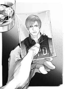 1boy closed_mouth cup drinking_glass greyscale highres jack_krauser leon_s._kennedy male_focus monochrome muscular non-web_source photo_(object) police police_uniform resident_evil tatsumi_(psmhbpiuczn)