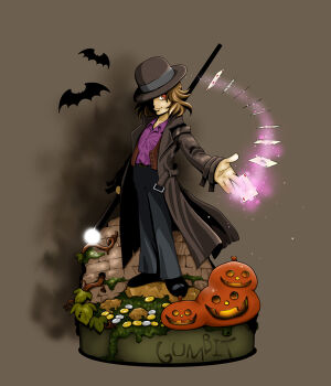 10s 1boy bat_(animal) bowler_hat brown_hair card coat gambit glowing halloween hat hat_over_one_eye jack-o'-lantern male_focus marvel red_eyes solo staff stand trench_coat x-men