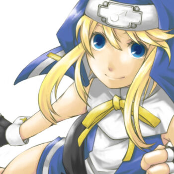 1boy arm_at_side bare_arms bare_shoulders black_gloves blue_eyes blue_veil blue_vest bridget_(guilty_gear) close-up closed_mouth cowboy_shot cross cross_print fingerless_gloves floating_clothes floating_hair from_above fu--ta_(fuuta715) gloves guilty_gear guilty_gear_xx guimpe hand_up latin_cross looking_at_viewer lowres male_focus mars_symbol neck_ribbon nun object_belt oversized_object print_wrist_cuffs ribbon shirt simple_background sleeveless sleeveless_shirt smile solo swept_bangs trap two-sided_veil veil vest white_background white_shirt white_trim white_wrist_cuffs wrist_cuffs yellow_ribbon
