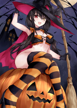 1girl asle asymmetrical_bangs bat_(animal) black_gloves breasts broom cape clock_eyes crop_top date_a_live gloves halloween halloween_costume hat heterochromia high_heels highres holding holding_broom large_breasts long_hair night no_panties no_pants open_mouth pumpkin red_eyes sitting sky smile solo stomach striped_clothes striped_thighhighs symbol-shaped_pupils thighhighs tokisaki_kurumi twintails vertical-striped_clothes vertical-striped_thighhighs witch_hat yellow_eyes