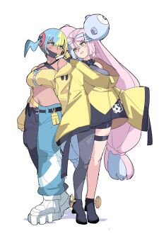 2girls absurdres bare_shoulders black_hair blonde_hair blue_eyes blue_hair breasts canari_(pokemon) highres huanxiang_huifeng iono_(pokemon) jacket large_breasts long_hair mask mouth_mask multicolored_hair multiple_girls nintendo pink_hair pokemon pokemon_legends:_z-a pokemon_sv short_hair split-color_hair twintails yellow_eyes yellow_jacket