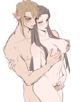 1boy 1girl blonde_hair blue_eyes blush breasts brown_hair completely_nude couple cowboy_shot hands_on_another&#039;s_chest hetero holding_another&#039;s_arm kurokawa_karasu link long_hair medium_breasts nintendo nipples nude parted_bangs parted_lips penis pointy_ears princess_zelda short_hair sidelocks sweatdrop swept_bangs the_legend_of_zelda the_legend_of_zelda:_twilight_princess white_background