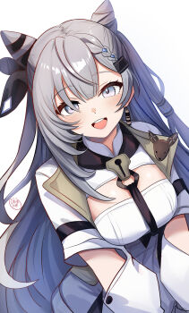 Rule 34 | 1girl, absurdres, cone hair bun, dreadpunk, earrings, elbow cutout, grey eyes, grey hair, hair bun, highres, hololive, hololive indonesia, jewelry, keyhole, long hair, signature, single earring, smile, vestia zeta, vestia zeta (1st costume), virtual youtuber, white background