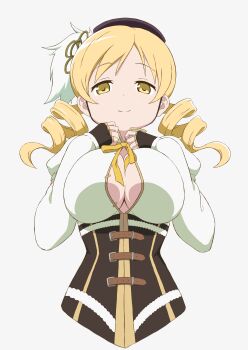 1girl absurdres beret black_hat blonde_hair breasts brown_gloves corset detached_sleeves drill_hair fingerless_gloves gloves hat highres large_breasts long_hair looking_at_viewer magical_girl mahou_shoujo_madoka_magica mahou_shoujo_madoka_magica_(anime) smile solo tomoe_mami twin_drills twintails usazirou539 yellow_eyes