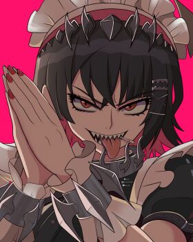 Rule 34 | 1girl, black hair, bracelet, collar, colored inner hair, commentary request, ellen joe, hairband, highres, jewelry, kike sc9, lollipop in mouth, maid headdress, meme, metal hairband, multicolored hair, open mouth, own hands together, portrait, red background, red eyes, red hair, red nails, sharp teeth, smile, solo, spanish commentary, spiked bracelet, spiked collar, spiked hairband, spikes, teeth, two-tone hair, zenless zone zero, zesty sonic (meme)