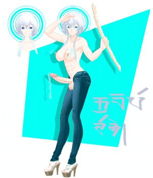 abs absurdres breast_tattoo denim feet high_heels highres huge_penis jeans kurea_dzee_dzee lactation large_testicles muscular muscular_female nipple_piercing non-web_source pants penis piercing precum projectile_lactation short_hair tattoo testicles topless_female veins veiny_penis