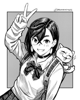 2girls ayase_momo backpack bag ball bow bowtie commentary crossed_bangs crosshatching dandadan grin hair_between_eyes hatching_(texture) highres holding holding_ball instagram_username kami_high_school_uniform linear_hatching middle_finger multiple_girls pleated_skirt school_uniform seveninks skirt sleeves_past_wrists smile spanish_commentary turbo_granny_(dandadan) v