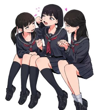 3girls black_hair black_sailor_collar black_shirt black_skirt boo_da_booo cheek_pull grey_eyes highres holding igarashi_sakuko long_hair long_sleeves medium_hair multiple_girls neckerchief nishida_rinko pleated_skirt red_neckerchief sailor_collar shimizu_hinako shirt silent_hill_(series) silent_hill_f simple_background skirt white_background yuri