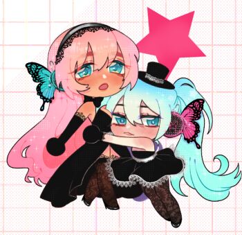 2girls aqua_eyes aqua_hair bare_shoulders black_dress black_gloves blue_eyes breasts butterfly_wings chibi chibi_only cleavage closed_mouth commentary dress elbow_gloves english_commentary flat_chest gloves grid_background hairband halftone hat hatsune_miku headphones high_heels hug insect_wings j2citrus large_breasts long_hair looking_at_viewer looking_to_the_side magnet_(vocaloid) megurine_luka mini_hat mini_top_hat multiple_girls open_mouth pantyhose pink_eyes pink_hiar sparkle star_(symbol) tan thick_eyebrows thighs top_hat twintails vocaloid winged_headphones wings
