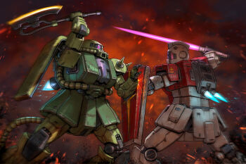 Rule 34 | absurdres, artofwill, assault visor, axe, battle, broken shield, commentary, crack, cracked glass, damaged, earth federation space forces, embers, energy sword, english commentary, exhaust, feet out of frame, gm (mobile suit), gundam, heat hawk, highres, holding, holding axe, holding sword, holding weapon, mecha, mecha focus, mobile suit, mobile suit gundam, no humans, one-eyed, red eyes, robot, science fiction, shoulder spikes, smoke, sparks, spikes, standing, sword, thrusters, weapon, zaku ii, zeon