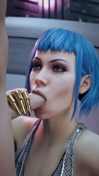 1boy 1girl 3d artist_name blue_hair bluelightsfm cyberpunk_(series) cyberpunk_2077 evelyn_parker fellatio green_eyes hetero highres oral penis