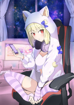 1girl absurdres animal_ear_fluff animal_ears arcueid_brunestud blonde_hair blue_bow blush bow cat_ears cellphone chair commentary_request computer computer_keyboard crescent crescent_pin crop_top fate/grand_order fate_(series) feet fingerless_gloves gaming_chair gloves haya_(hayahayaillust) headphones headphones_around_neck highres holding holding_phone hood hoodie indian_style indoors leg_warmers looking_at_viewer monitor night open_clothes open_hoodie phantas-moon phantas-moon_(second_ascension) phone pink_hoodie purple_thighhighs red_eyes short_hair sidelocks sitting sky smartphone solo star_(sky) starry_sky striped_clothes striped_thighhighs swivel_chair table thighhighs toes window