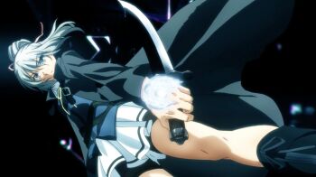 1girl arm_tattoo black_boots black_coat black_shorts blue_eyes blue_vest bluesy_fluesy boots bow breasts closed_mouth coat collared_shirt female_focus grey_hair hair_bow hair_ribbon highres holding holding_knife holding_weapon knife lace-up_boots legs long_hair long_sleeves looking_at_viewer looking_down miniskirt pink_bow pink_ribbon pleated_skirt ponytail ribbon sexually_suggestive shirt shorts skirt small_breasts solo solo_focus taboo_tattoo tattoo thighs upskirt vest weapon white_skirt