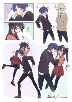 ! 1girl 2boys ? ?? albedo_(genshin_impact) alternate_costume alternate_universe annoyed aqua_eyes arms_at_sides arrow_(symbol) artist_name black_bow black_hair black_pants black_pantyhose black_shirt black_sleeves blonde_hair blunt_ends blush bow braid brown_shirt brown_shoes carrying_over_shoulder clenched_hand closed_mouth collared_shirt contemporary couple crossed_arms dotted_line embarrassed english_text flailing genshin_impact glaring hair_between_eyes half_up_braid hand_on_own_arm hand_on_own_face heart height_difference hetero highres holding holding_another&#039;s_wrist holding_pencil light_frown long_hair long_sleeves looking_at_another looking_at_viewer mona_(genshin_impact) multiple_boys necktie open_mouth oriana0w0 pants pantyhose pencil pleated_skirt puff_of_air purple_bow purple_eyes red_necktie red_sailor_collar red_serafuku red_skirt red_sleeves sailor_collar sanpaku scaramouche_(genshin_impact) school_uniform serafuku shaded_face shirt shoes sidelocks signature skirt smirk speech_bubble spoken_exclamation_mark spoken_heart teasing triangle_mouth twintails v-neck white_mouth white_shirt white_trim wispy_bangs