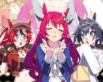 Rule 34 | 3girls, agnes tachyon (tach-nology) (umamusume), agnes tachyon (umamusume), agnes tachyon (umamusume) (cosplay), alternate hairstyle, animal ears, black collar, black hair, bloom (irys), blowing kiss, blue eyes, blue hair, blue jacket, bow, bow earrings, brown gloves, chain, chain headband, character hair ornament, closed eyes, coat, collar, commentary, cosplay, crop top, cropped jacket, dasdokter, double-parted bangs, dress, earrings, english commentary, facing viewer, fingerless gloves, gloom (irys), gloves, grass wonder (stone-piercing blue) (umamusume), grass wonder (umamusume), grass wonder (umamusume) (cosplay), hair between eyes, hair intakes, hair ornament, hakos baelz, highres, hololive, hololive english, horns, horse ears, horse girl, irys (hololive), jacket, jewelry, lab coat, long sleeves, looking at another, midriff, multicolored hair, multiple girls, navel, open mouth, ouro kronii, pointy ears, ponytail, purple hair, red hair, red jacket, sailor collar, short-sleeved jacket, short hair, short sleeves, single earring, sleeve cuffs, sleeves past fingers, sleeves past wrists, spiked collar, spikes, streaked hair, sweater, tokai teio (beyond the horizon) (umamusume), tokai teio (umamusume), tokai teio (umamusume) (cosplay), umamusume, virtual youtuber, white coat, white dress, white hair, white sailor collar, yellow sweater