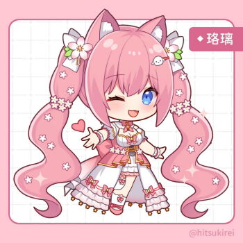 1girl ;d animal_ear_fluff animal_ears blue_eyes border breasts chibi cleavage commentary_request copyright_request detached_sleeves dress flower full_body grid_background hair_between_eyes hair_flower hair_ornament hairclip heart hitsuki_rei long_hair looking_at_viewer medium_breasts one_eye_closed open_mouth pink_border pink_flower pink_hair pink_shoes puffy_short_sleeves puffy_sleeves shoes short_sleeves single_sock single_thighhigh smile socks solo thighhighs translation_request twintails twitter_username very_long_hair virtual_youtuber white_background white_dress white_flower white_sleeves white_socks white_thighhighs wrist_cuffs