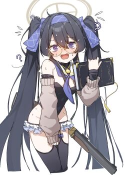 1girl alternate_costume alternate_hairstyle black_hair black_leotard black_thighhighs blue_archive blue_neckerchief book choonbongwoori cosplay de_lisle_carbine detached_collar frilled_thigh_strap glasses gold_necklace grey_halo gun hair_between_eyes hair_ribbon hairband halo highleg highleg_leotard holding holding_book holding_gun holding_weapon jewelry leotard long_hair looking_at_viewer neckerchief necklace purple_eyes purple_hairband purple_ribbon ribbon round_eyewear sailor_collar shimiko_(blue_archive) shimiko_(blue_archive)_(cosplay) shimiko_(magical)_(blue_archive) sidelocks solo strapless strapless_leotard thigh_strap thighhighs twintails ui_(blue_archive) very_long_hair weapon white_sailor_collar yellow-framed_eyewear