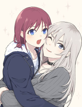 Rule 34 | 2girls, black choker, black jacket, blue eyes, blush, cheek-to-cheek, choker, clgr0zlt82, commentary request, girls band cry, grey eyes, grey hair, grey sweater, heads together, highres, iseri nina, jacket, kawaragi momoka, long hair, multicolored hair, multiple girls, open mouth, parted lips, red hair, ribbed sweater, roots (hair), shirt, short twintails, simple background, smile, sparkle, sweater, twintails, white shirt, yellow background, yuri