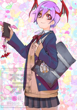 1girl abstract_background alternate_costume bag bat_ornament bat_wings black_bag black_skirt blue_jacket bow bowtie brown_vest cellphone chain character_ornament closed_mouth commentary_request cowboy_shot darkstalkers demon_girl demon_wings gold_buttons hair_between_eyes head_wings heart_ornament holding holding_phone jacket lilith_(darkstalkers) long_sleeves looking_at_viewer phone pink_hair pleated_skirt red_bow red_bowtie red_eyes rosie_rosie sasquatch_(darkstalkers) school_uniform shirt short_hair shoulder_bag skirt sleeves_past_wrists smartphone smartphone_case smile solo vest watermark white_shirt wings