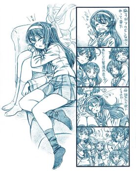 Rule 34 | !, > <, 5girls, ahoge, akiyama yukari, bbb (friskuser), blouse, blue theme, blunt bangs, closed eyes, closed mouth, commentary, couch, fist pump, frown, girls und panzer, gloom (expression), grimace, grin, hairband, highres, isuzu hana, lap pillow, long hair, long sleeves, looking at another, lying, messy hair, miniskirt, monochrome, motion lines, multiple girls, neckerchief, nishizumi miho, no shoes, on couch, on side, ooarai school uniform, open mouth, pleated skirt, reizei mako, sailor collar, school uniform, serafuku, shirt, short hair, sitting, skirt, sleeping, sleepy, smile, socks, spoken exclamation mark, standing, sweatdrop, t t, takebe saori, translated, yawning, zzz