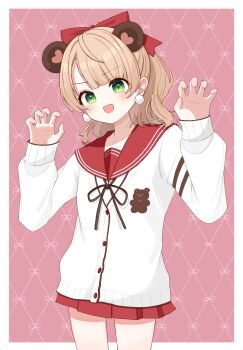 1girl :d absurdres animal_ears argyle_background bear_ears blonde_hair blunt_bangs blush buttons cardigan claw_pose commentary cowboy_shot earrings fake_animal_ears fang green_eyes half_updo highres indie_virtual_youtuber jewelry long_hair long_sleeves miniskirt motimotiomoti723 official_alternate_costume open_mouth pink_background pleated_skirt pom_pom_(clothes) pom_pom_earrings red_sailor_collar sailor_collar school_uniform shigure_ui_(vtuber) shirt side_part skin_fang skirt smile solo swept_bangs virtual_youtuber white_cardigan white_shirt wide_ponytail