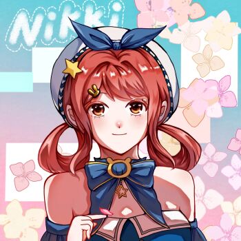 1girl bare_shoulders beret blue_background blue_bow blue_bowtie blue_choker blue_shirt blue_sleeves bow bow_choker bowtie breasts brooch brown_eyes bubbly_voyage_(infinity_nikki) character_name choker closed_mouth collared_shirt colored_eyelashes commentary_request detached_sleeves dot_nose eyeliner floral_background flower frilled_choker frilled_sleeves frills gradient_background hair_intakes hair_ornament hair_rings hairclip happy hat hat_bow hat_ornament highres infinity_nikki jewelry light_blush makeup medium_hair nikki_(nikki) nikki_(series) petals pink_background pink_eyeliner pink_hair purple_flower rabbit_hair_ornament shirt short_sleeves sidelocks smile solo square star_(symbol) star_choker star_hat_ornament strapless strapless_shirt two-tone_background upper_body white_hat xuewu080 yellow_flower