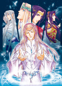 5boys armor black_hair blonde_hair blue_eyes braid cape circlet cloak closed_eyes closed_mouth crystal elf elrond eyebrows_hidden_by_hair eyelashes eyes_visible_through_hair father_and_son floating_cape floating_clothes floating_hair gem grey_hair highres jewelry kazuki-mendou legolas long_hair long_sleeves looking_down looking_up maglor male_focus multiple_boys night oropher parted_bangs pointy_ears profile signature sky sparkle star_(sky) starry_sky step-parent_and_step-child the_hobbit the_lord_of_the_rings the_silmarillion thranduil tolkien's_legendarium upper_body water