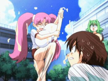 00s 1boy 2girls animated animated_gif big_hair bouncing_breasts breasts buruma cream eiken glass glasses gym_uniform harumachi_komoe huge_breasts lowres mifune_densuke multiple_girls oppai_loli pink_hair purple_hair sexually_suggestive tororo_(character) what