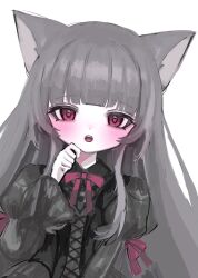 Rule 34 | 1girl, animal ears, black dress, cat ears, cat girl, dress, grey hair, hand up, highres, long hair, long sleeves, looking at viewer, neck ribbon, open mouth, original, red eyes, ribbon, shiona (siona0625), simple background, solo, straight hair, upper body, white background