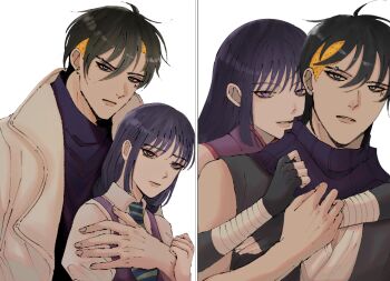 1boy 1girl 2boys 2girls black_gloves black_hair blonde_hair boruto:_two_blue_vortex coat commentary diagonal-striped_clothes diagonal-striped_necktie dual_persona earrings english_commentary eyebrow_piercing face_piercing facial_mark fingerless_gloves gloves highres hug hug_from_behind ifevilwhyuhot jewelry kakei_sumire kawaki_(boruto) multicolored_hair multiple_boys multiple_girls naruto_(series) necktie piercing purple_eyes purple_scarf scarf shirt sleeveless sleeveless_shirt striped_clothes stud_earrings two-tone_hair undercut white_coat