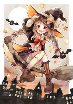 1girl asymmetrical_legwear bat_(animal) black_jacket bloomers blush border bow braid broom broom_riding brown_hair brown_shoes cityscape cloud commentary_request full_body full_moon ginniroya gradient_sky grey_sky halloween highres jacket looking_at_viewer mismatched_legwear moon open_mouth orange_sky orange_socks original red_bow red_eyes shirt shoes sky smile socks solo star_(symbol) striped_clothes striped_socks twin_braids underwear vertical-striped_clothes vertical-striped_socks watermark white_shirt white_socks witch