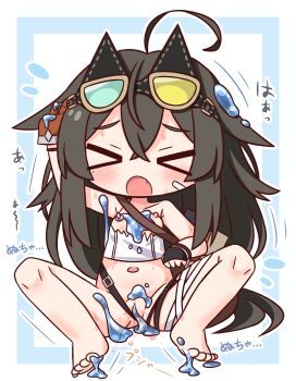 &gt;_&lt; 1girl :o ahoge barefoot black_hair blush brown_eyes closed_eyes commentary_request crossed_bangs double-parted_bangs eyewear_on_head fang full_body hair_between_eyes hana_kazari highres long_hair navel nipples open_mouth pussy pussy_juice shirt sitting slime_(substance) solo spread_legs stella_sora sunglasses teresa_(stella_sora) white_shirt