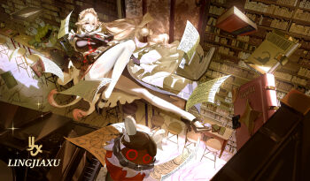 1girl alexandrina_sebastiane anastella_(zenless_zone_zero) artist_logo artist_name bangboo_(zenless_zone_zero) black_dress black_shoes book breasts chair closed_mouth commentary_request dress drusilla_(zenless_zone_zero) gloves hair_between_eyes highres indoors instrument knee_up large_breasts library logo long_hair maid maid_headdress open_book pantyhose paper partially_fingerless_gloves piano pile_of_books red_eyes shoes single_leg_pantyhose single_sock smile socks sparkle table user_gvme8723 very_long_hair white_hair white_pantyhose white_socks window zenless_zone_zero