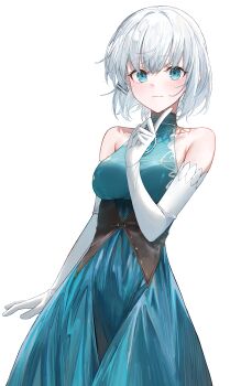 1girl absurdres breasts commentary dress elbow_gloves gloves highres kaze_22 korean_commentary large_breasts looking_at_viewer short_hair siesta_(tantei_wa_mou_shindeiru) simple_background solo tantei_wa_mou_shindeiru white_background white_gloves white_hair