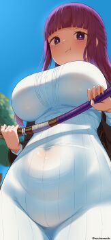1girl absurdres blue_sky blunt_bangs blurry blurry_background breasts bright_pupils closed_mouth commentary covered_navel day dress fern_(sousou_no_frieren) highres holding holding_staff large_breasts long_hair long_sleeves looking_at_viewer mage_staff micchan_(micchanmeido) outdoors pout purple_eyes purple_hair sky solo sousou_no_frieren staff tree twitter_username white_dress