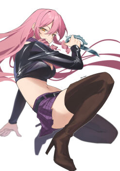 1girl absurdres akuma_no_riddle belt black_belt black_shirt boots breasts brown_boots choker cleavage crop_top high_heel_boots high_heels highres holding holding_knife holding_weapon inukai_isuke knife long_hair long_sleeves medium_breasts midriff miniskirt navel pinepin pink_hair purple_choker purple_skirt reverse_grip shirt simple_background skirt solo stomach thigh_boots very_long_hair weapon white_background yellow_eyes