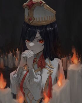 1girl babiniku black_hair candle closed_mouth commentary commission english_commentary fire gem hat highres indie_virtual_youtuber long_hair long_sleeves looking_at_viewer mitre mole mole_under_eye navel pale_skin red_eyes red_gemstone second-party_source smile solo tablicoart tagme virtual_youtuber