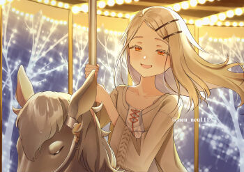 1girl :d absurdres backlighting blush camisole carousel collarbone colored_eyelashes commentary_request floating_hair gakuen_idolmaster grey_hair grey_robe hair_ornament hairclip hands_up highres holding horse horseback_riding idolmaster long_hair looking_at_viewer neu_(neu_neu1117) open_clothes open_mouth open_robe orange_eyes outdoors parallel_hairclips parted_bangs red_ribbon ribbon riding robe shinosawa_hiro smile solo twitter_username upper_body watermark white_camisole
