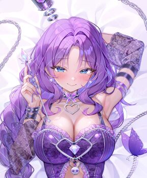 1girl absurdres alllisso blue_eyes blush breasts bug butterfly chain choker cleavage corset crystal gloves heart heart_choker highres insect jewelry lace lace_gloves long_hair lying purple_hair purple_outfit smile