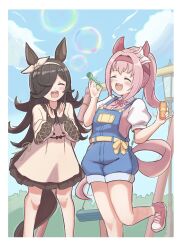 2girls :d ^_^ animal_ears bare_legs bird blue_overalls blue_sky blush border bottle bow brown_bow brown_collar brown_dress brown_hair brown_hairband bubble bubble_pipe bush clapping closed_eyes cloud collar commentary cross-laced_clothes cross-laced_sleeves day dot_nose dress ear_bow flipped_bangs flipped_hair flipped_sidelocks floral_print hair_intakes hair_over_one_eye hairband hand_up happy haru_urara_(umamusume) hashtag-only_commentary headband highres holding holding_bottle horse_ears horse_girl horse_tail lace_collar lamppost leg_up long_bangs long_hair long_sleeves multiple_girls official_alternate_costume open_mouth outdoors overalls pink_shirt pinky_out ponytail puffy_long_sleeves puffy_short_sleeves puffy_sleeves red_headband red_shoes ribbon rice_shower_(umamusume) shirt shoes short_sleeves sidelocks sky smile sneakers socks standing standing_on_one_leg striped_clothes striped_socks sunanuko_(ramuneko) sunlight swing swing_set symbol-only_commentary tail teeth umamusume upper_teeth_only very_long_hair waist_bow white_border white_ribbon white_sleeves yellow_ribbon
