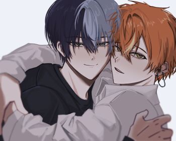 2boys aoyagi_touya black_shirt blonde_hair blue_hair clenched_teeth closed_mouth collared_shirt commentary ding_touaki ear_chain hair_between_eyes linked_piercing long_sleeves looking_at_viewer male_focus multicolored_hair multiple_boys orange_hair parted_lips piercing project_sekai shinonome_akito shirt short_hair simple_background smile split-color_hair symbol-only_commentary teeth two-tone_hair upper_body white_shirt yaoi