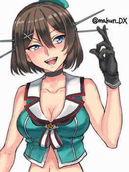 1girl aqua_hat aqua_shirt beret black_gloves blue_eyes breasts brown_hair cleavage gloves hair_between_eyes hat headgear highres kantai_collection maakun_(makun_dx) maya_(kancolle) maya_kai_ni_(kancolle) medium_breasts navel one-hour_drawing_challenge sailor_collar shirt short_hair simple_background sleeveless sleeveless_shirt smile solo upper_body white_background white_sailor_collar