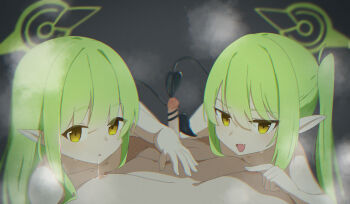 2girls 7ten_2003 :d absurdres black_background black_tail blue_archive demon_tail drooling erection fang green_hair green_halo hair_between_eyes halo hand_on_another&#039;s_chest highres hikari_(blue_archive) loli long_hair looking_at_viewer lying multiple_girls nipple_stimulation nozomi_(blue_archive) nude open_mouth parted_lips penis pointy_ears pov saliva skin_fang smile steam straight_hair swept_bangs tail tail_wrap tailjob tsurime twintails yellow_eyes