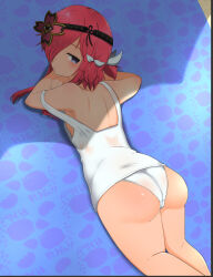 Rule 34 | 1girl, absurdres, ass, bare shoulders, beach towel, blue eyes, blue towel, blush, body blush, cameltoe, chinese knot, closed mouth, eyepatch, flat chest, hair ornament, hair over one eye, highres, kazakiri (senran kagura), looking at viewer, looking back, lying, median furrow, on stomach, one-piece swimsuit, pink hair, rasetuayano, sand, school swimsuit, senran kagura, senran kagura new link, shade, shiny skin, short hair, short twintails, shoulder blades, sidelocks, solo, swimsuit, towel, twintails, white one-piece swimsuit