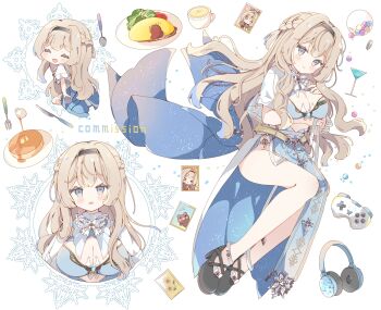 1girl :d black_hairband black_shoes blonde_hair blue_dress blue_eyes blush braid breasts chibi cleavage closed_eyes closed_mouth cocktail_glass commentary_request commission controller cup double-parted_bangs dress drinking_glass food full_body game_controller hairband headphones high_heels highres large_breasts lettuce loli long_hair looking_at_viewer multiple_views omelet omurice open_mouth plate shirt shoes short_sleeves simple_background skeb_commission smile spoon tsukiyo_(skymint) vrchat white_background white_shirt