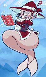 Rule 34 | 1girl, ?, blue eyes, book, breasts, brown eyelashes, bubble, cleavage, dress, eyelashes, female focus, gensin, grey hair, hat, large breasts, mermaid, monster girl, reading, red dress, red hat, shiny skin, skindentation, solo, wide hips, wide sleeves, witch hat