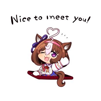 1girl ahoge animal_ears between_breasts blue_dress blush bow breasts brown_hair cellphone center_frills chibi double-parted_bangs dress ear_ribbon english_text frills gloves hair_between_eyes hairband headband highres horse_ears horse_girl horse_tail kyuusennbougin large_breasts looking_at_viewer meisho_doto_(turbulent_blue)_(umamusume) meisho_doto_(umamusume) multicolored_hair multiple_girls one_eye_closed open_mouth phone pink_hairband pink_headband purple_eyes shirt short_hair smartphone smile solo strap_between_breasts tail two-tone_hair umamusume waving white_dress white_gloves white_hair