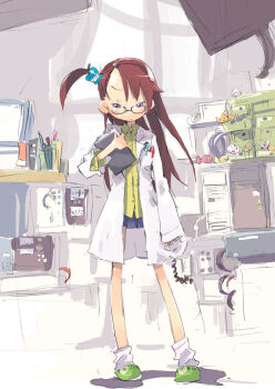 1girl blue_skirt brown_hair clipboard commentary_request computer full_body glasses green_slippers hair_ornament hashimoto_shin holding holding_clipboard indoors lab_coat light_frown long_hair long_sleeves loose_socks one_side_up original pleated_skirt purple_eyes shirt skirt sleeves_past_wrists slippers socks solo stuffed_animal stuffed_cat stuffed_toy white_socks yellow_shirt